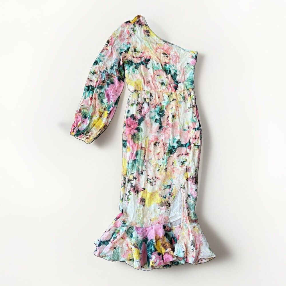 Hemant & Nandita Floral One Shoulder Dress Size XS Anka Midi Ruffle Hem Pastel